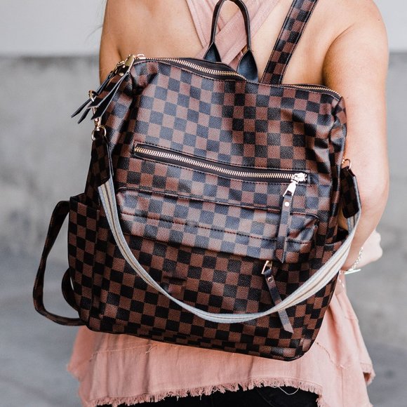 Blush & Belle Handbags - Brown Checker Convertible Guitar Strap Backpack
